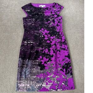 Wisp Petites Purple Black Abstract Floral Sheath Dress Sleeveless Size 8P‎